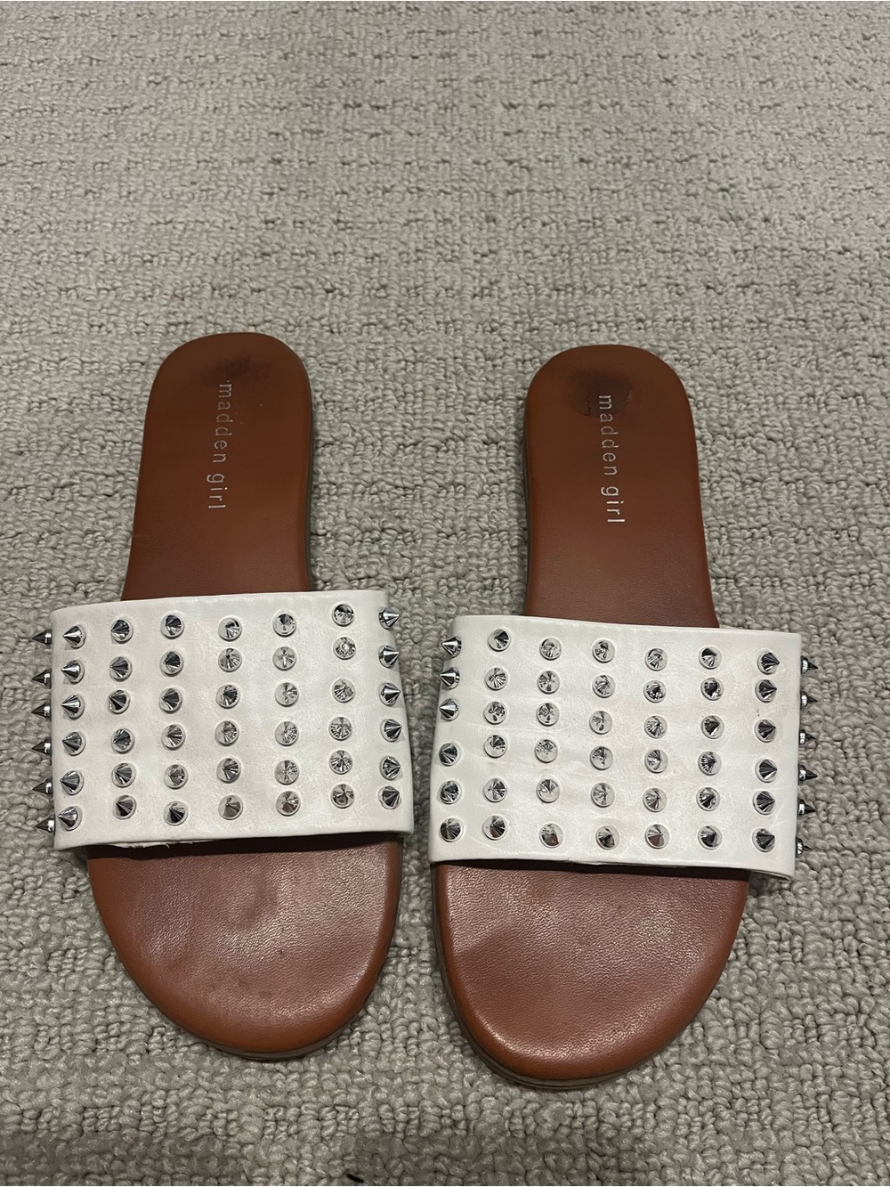 Madden Girl White Studded Slide Sandals with Brown Footbed